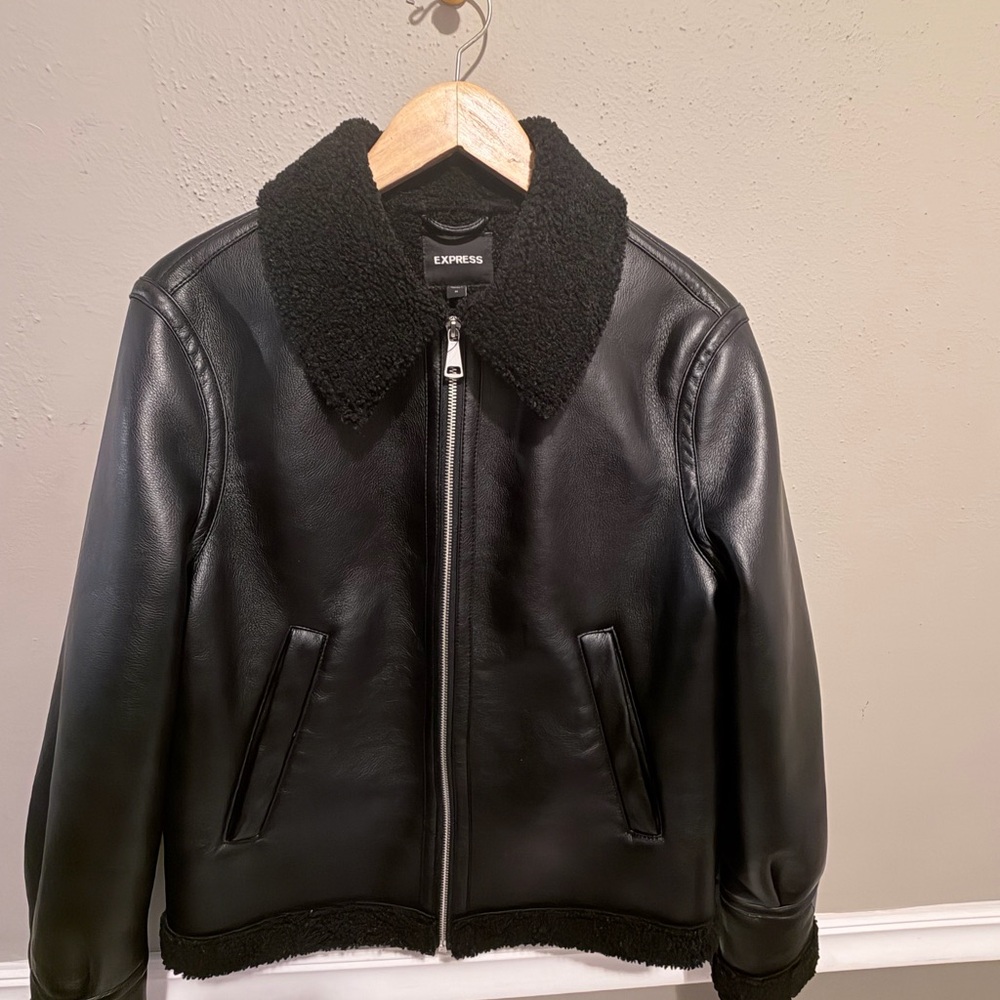 Express Black Leather Jacket with Shearling Collar